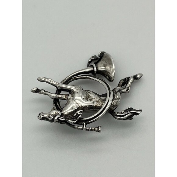 Vintage M&H Sterling Silver Brooch Pin Horse Equestrian Trumpet Horn 1 1/2" - Picture 6 of 8